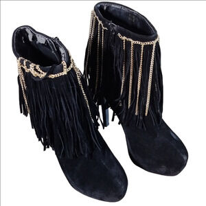 Scene Weaver Black and Gold Fringe Ankle Booties